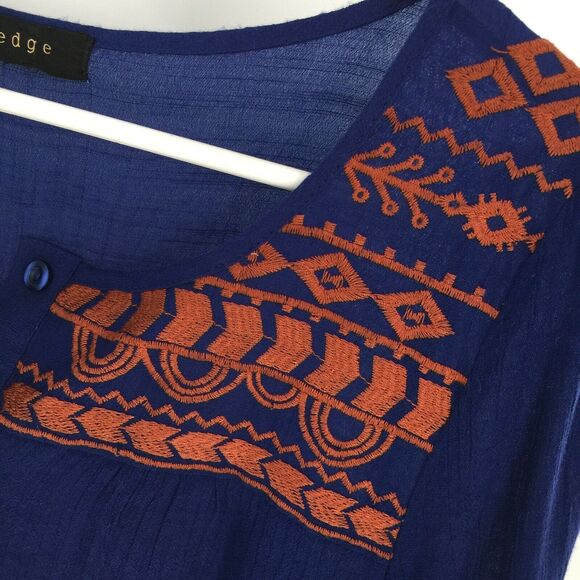 Edge Embroidered Tie Front Top Size Medium Royal Blue Dark Orange Boho Blouse M - Picture 3 of 8